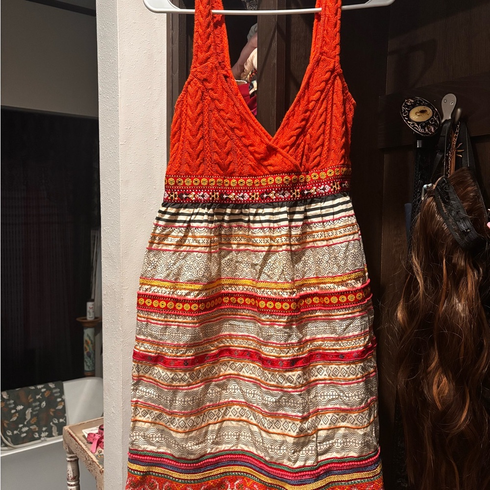 Free People Orange Tan Sleeveless V-Neck Sundress